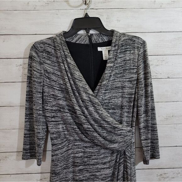 White House Black Market Gray Black Spacedye Soft Knit Faux Wrap Dress Size 4 - Picture 2 of 13